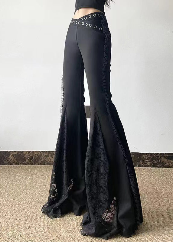 Black Eyelash Patchwork Lace Bell-bottom Trousers Pants Spring