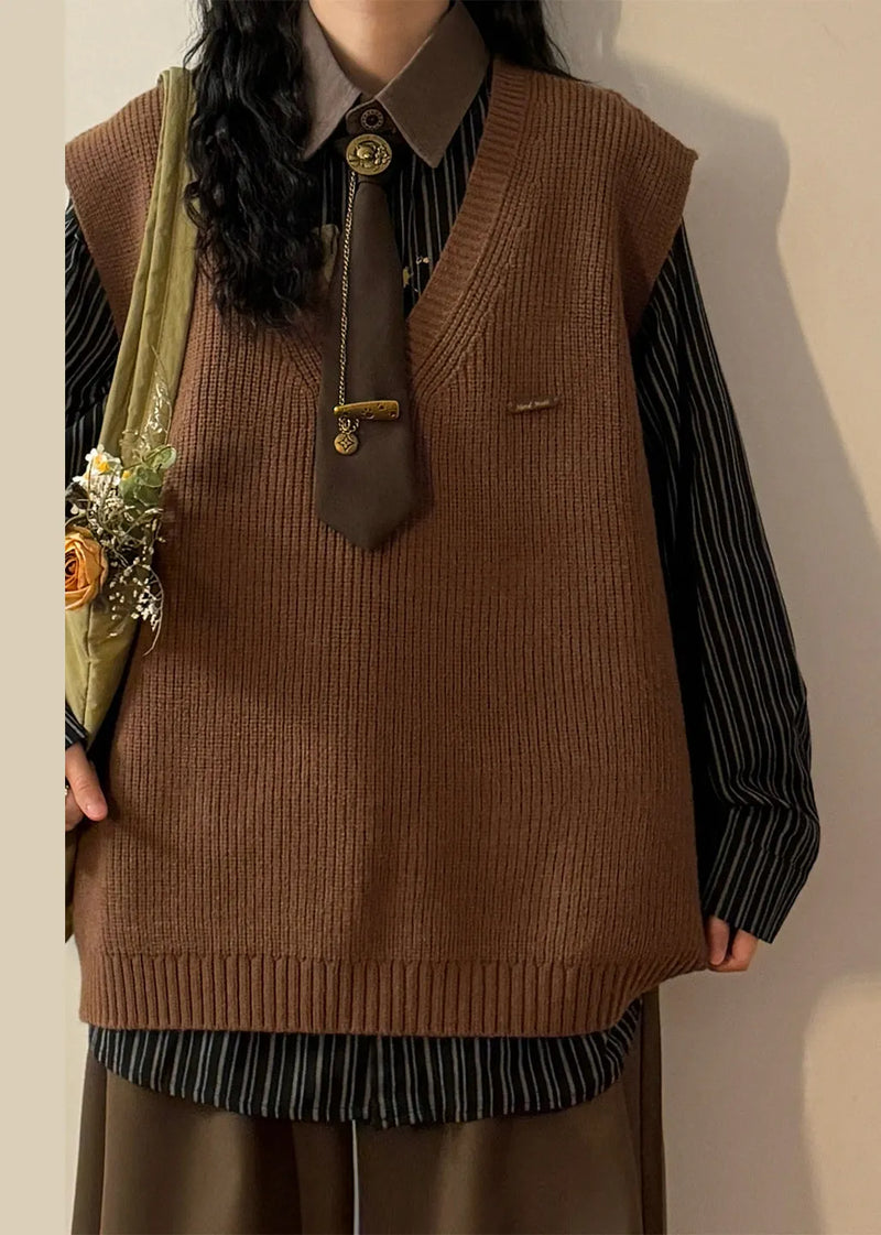 Simple Coffee V Neck Knit Vest Sleeveless