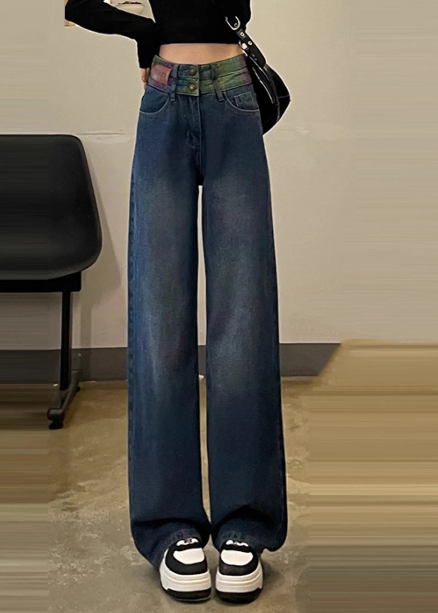 Black High Waist Patchwork Denim Straight Pants Spring