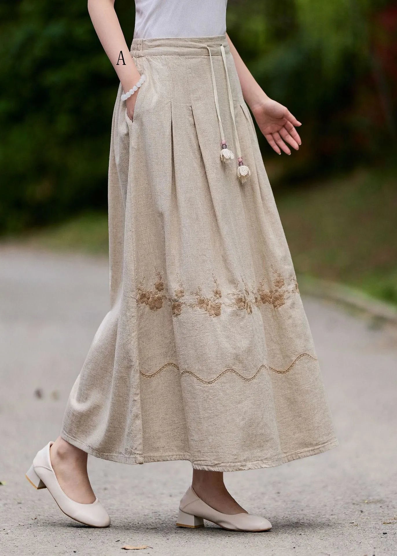 New Wrinkled Embroidered Patchwork Linen Skirt Summer