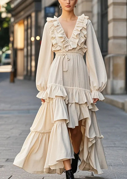 Apricot Ruffled Asymmetrical Design Cotton Cinched Dress Fall