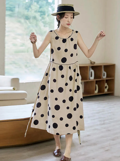 Summer Dot Drawstring Linen Vest Dress