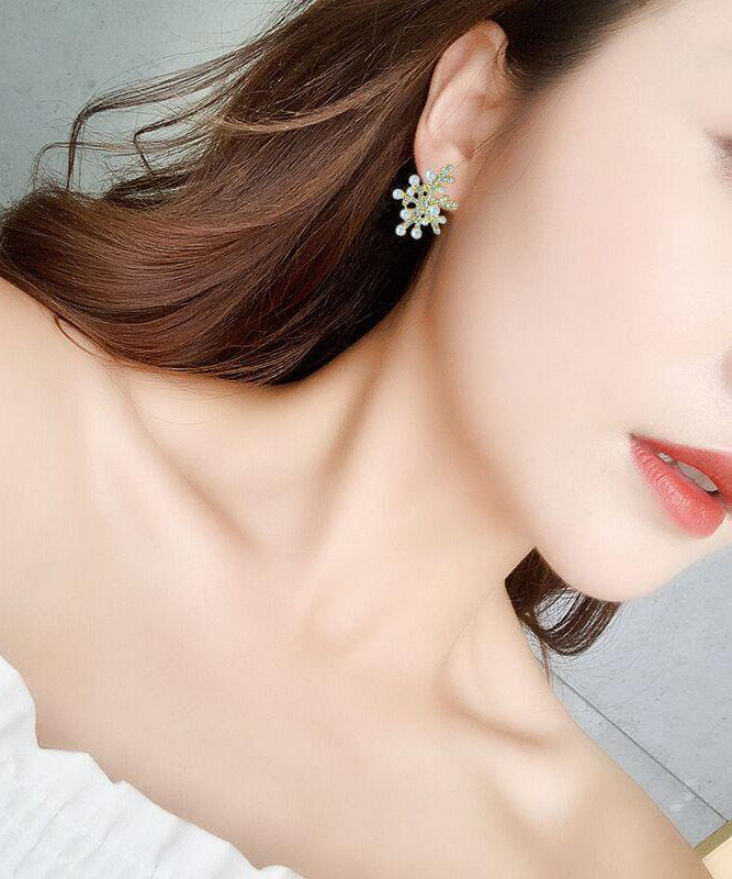 White Sterling Silver Overgild Zircon Coral Pearl Stud Earrings