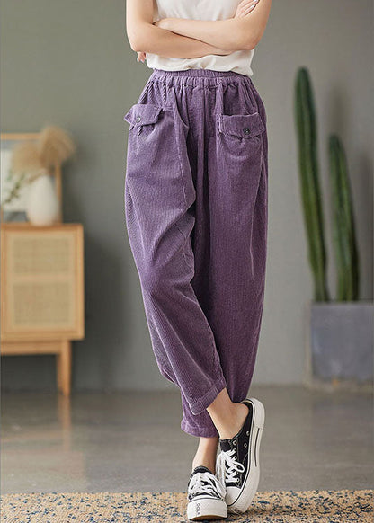 Natural Purple Retro Pockets Corduroy Fall Pants