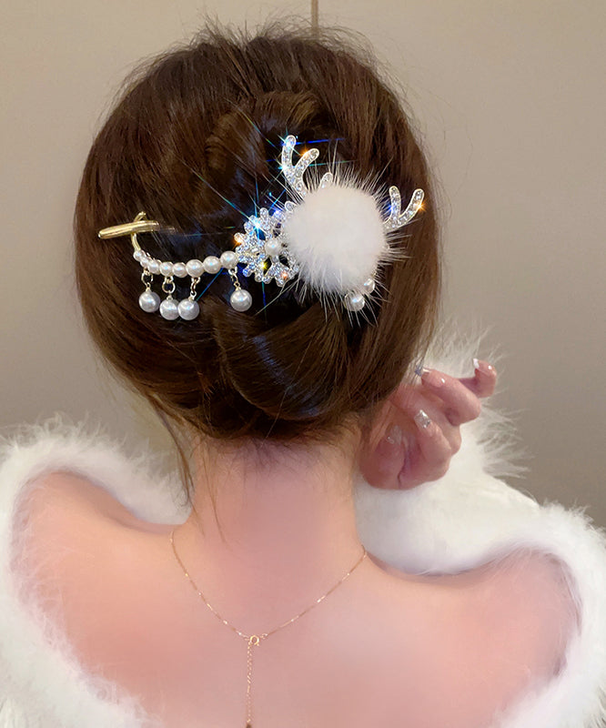 White Alloy Pearl Zircon Antler Snowflake Hairpin
