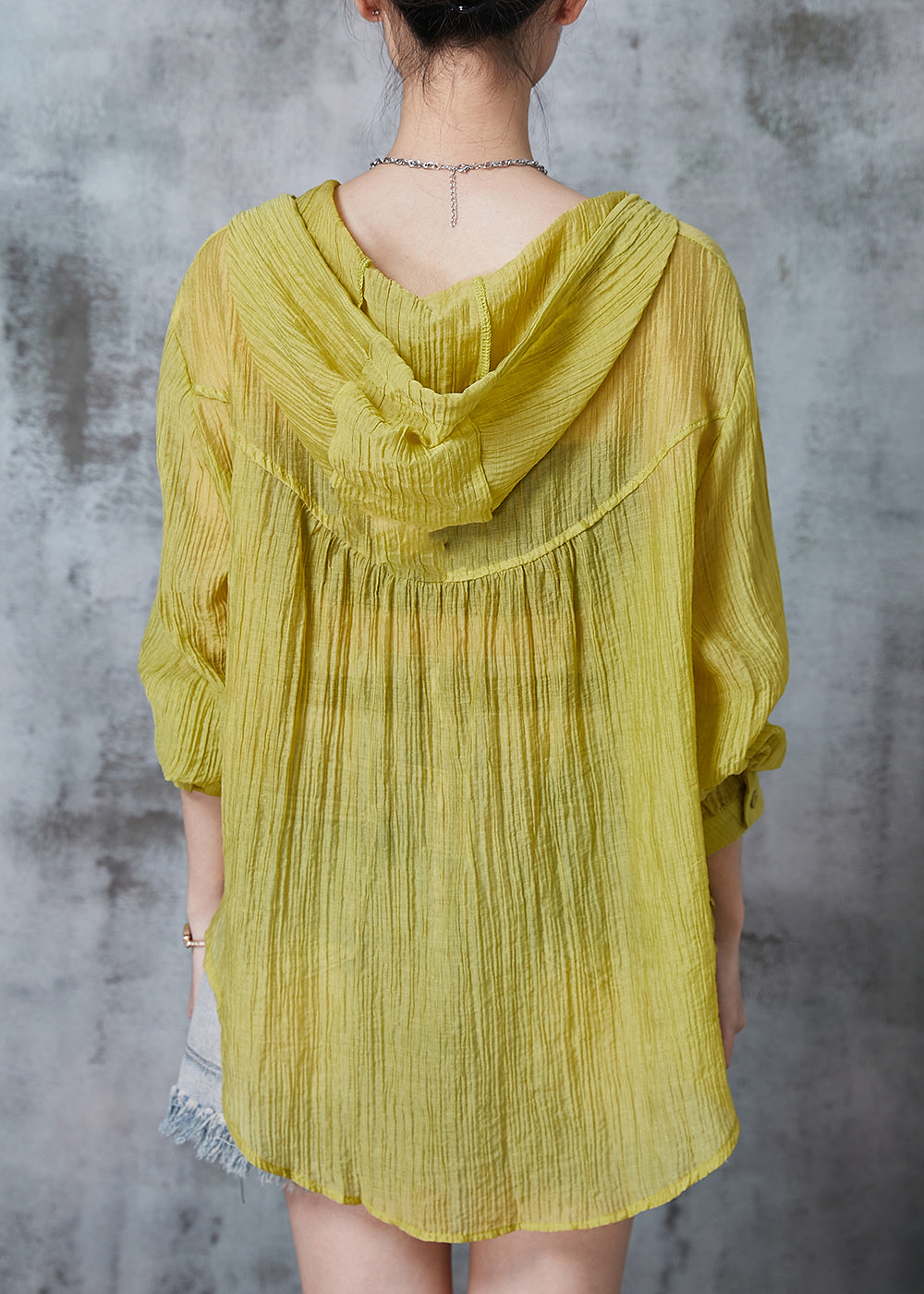 Grass Green Hooded Wrinkled Cotton Blouses Summer