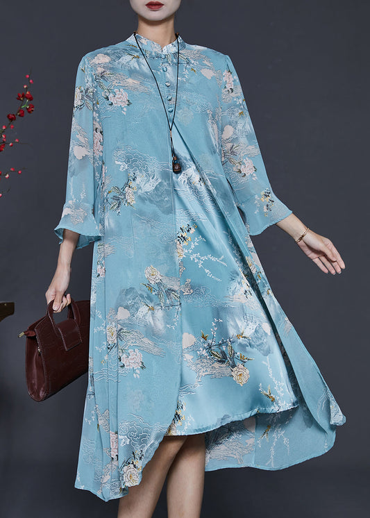 French Blue Mandarin Collar Print Chiffon Dresses Summer