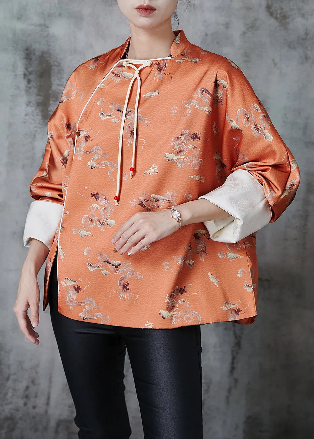 Orange Tasseled Print Side Open Silk Oriental Coats Fall