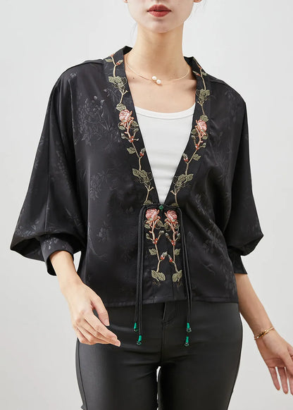 Black Embroideried Tasseled Silk Cardigan Spring