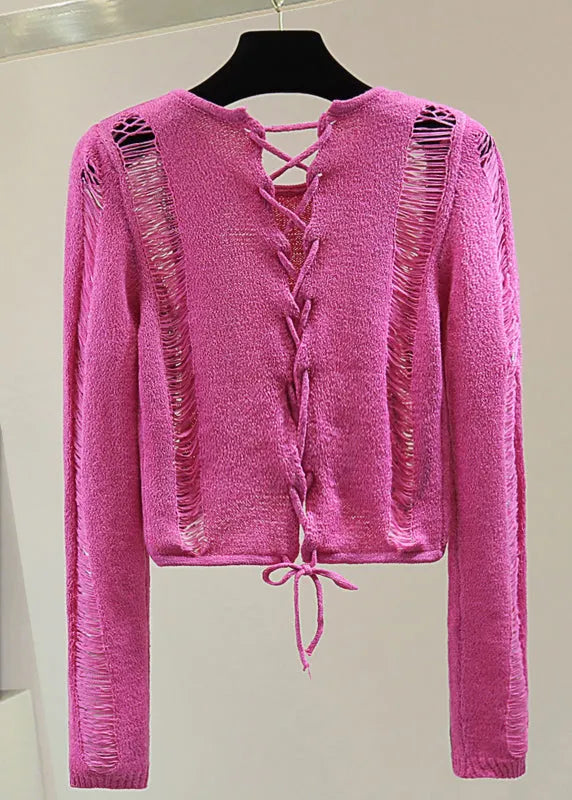Rose Hole Tie Waist Cotton Knit Sweaters Spring