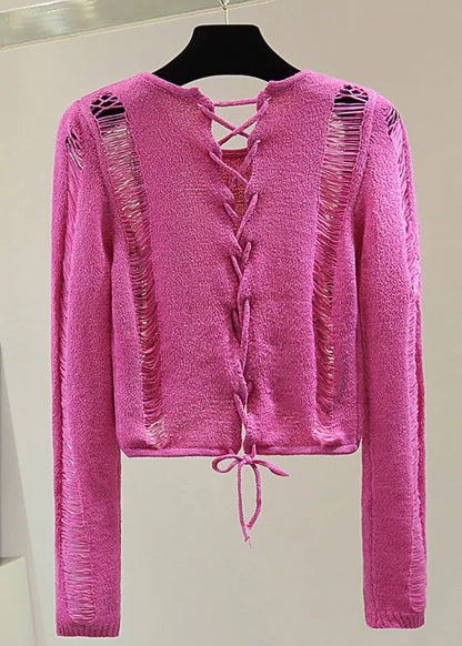 Rose Hole Tie Waist Cotton Knit Sweaters Spring