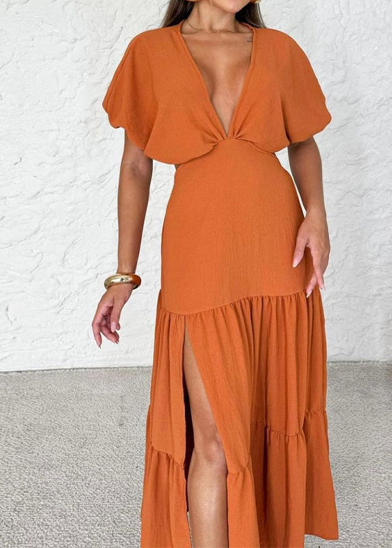 Orange V Neck Wrinkled Side Open Cotton Dress Summer