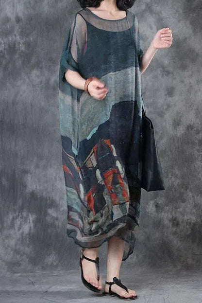 Limited Stock- Summer Short Sleeves Loose Prints Dress(two Pieces)
