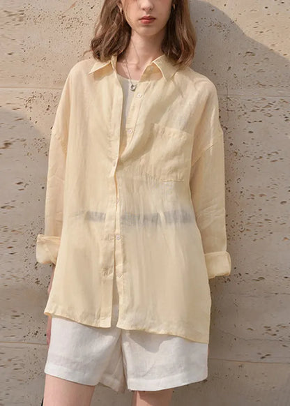 Apricot Peter Pan Collar Linen Thin Shirts Tops Summer