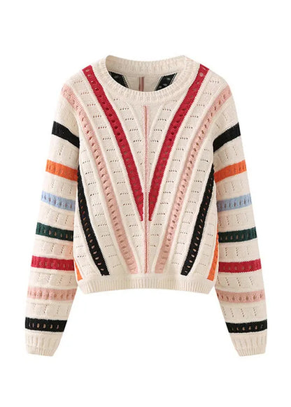 Original Design O-neck Striped Hollow Out Knit Sweaters Spring