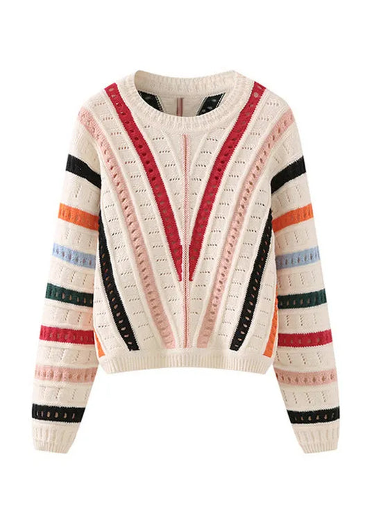 Original Design O-neck Striped Hollow Out Knit Sweaters Spring