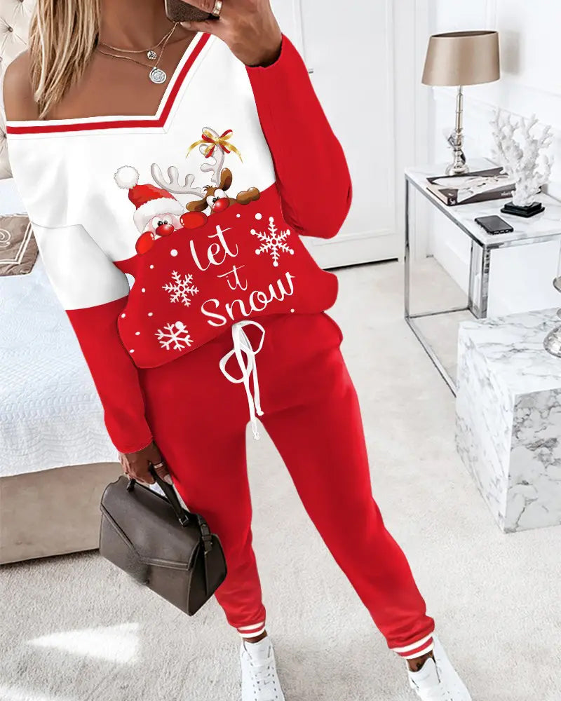 Casual Sport V-Neck Christmas Print