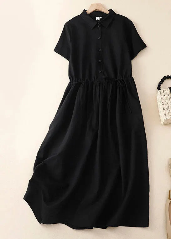 Pink Peter Pan Collar Drawstring Cotton Long Dress Summer