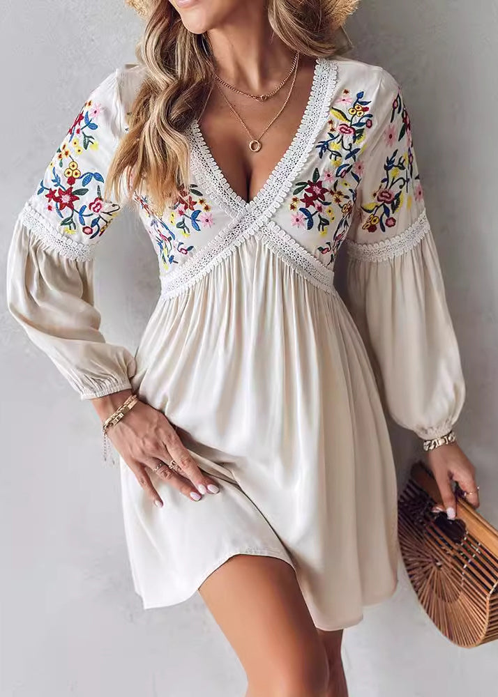 Style Apricot Embroidered Cotton Mid Dress Long Sleeve