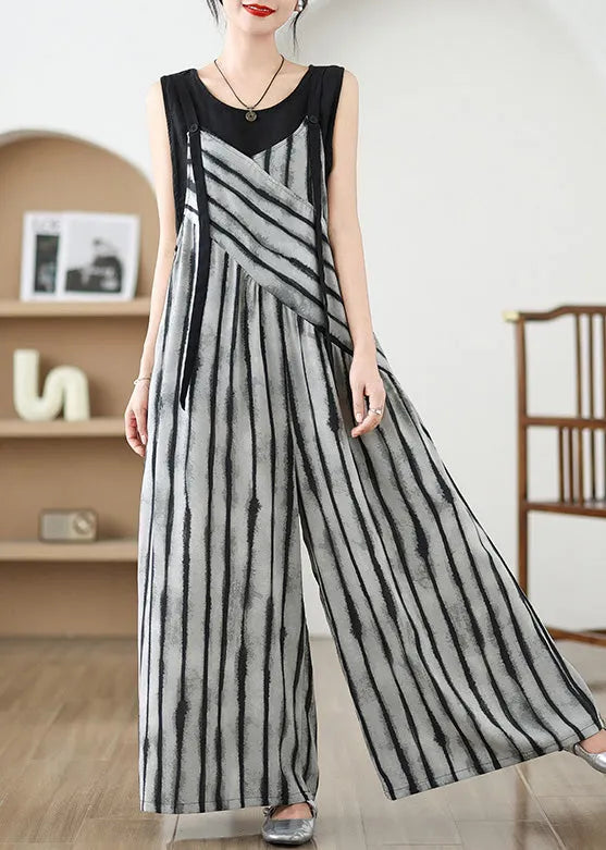 French Grey Oversized Striped Jumpsuits Summer