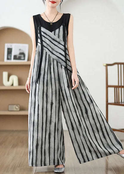 French Grey Oversized Striped Jumpsuits Summer
