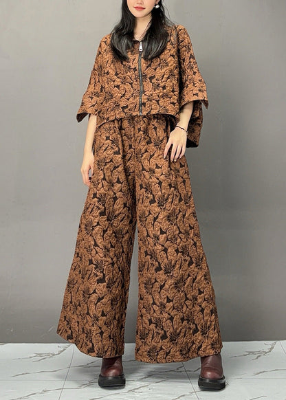 Chocolate Print Zippered Top and Wide Leg Pants Two Piece Set Fall