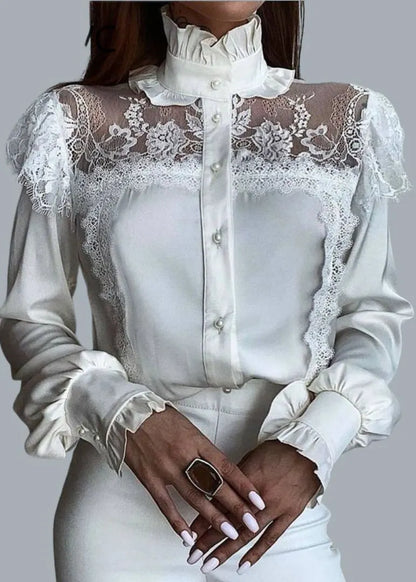 French White Ruffled Lace Tulle Patchwork Chiffon Tops Spring