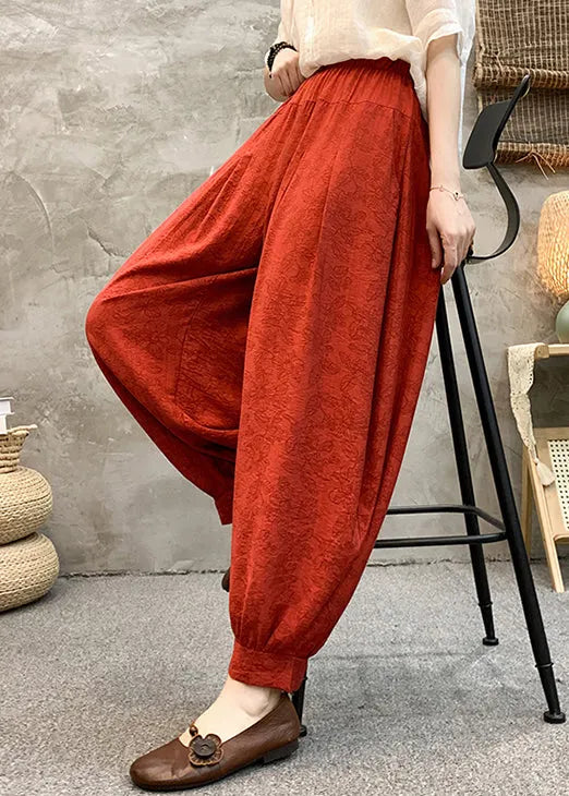 Red Print Pockets Cotton Crop Pants High Waist
