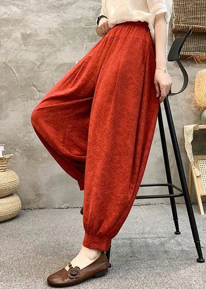 Red Print Pockets Cotton Crop Pants High Waist