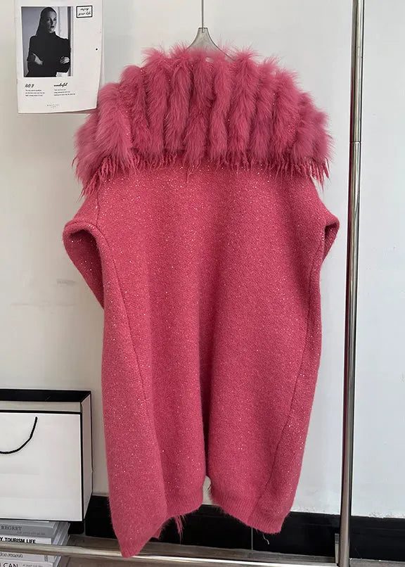 Loose Rose Fox Collar Patchwork Woolen Coats Winter