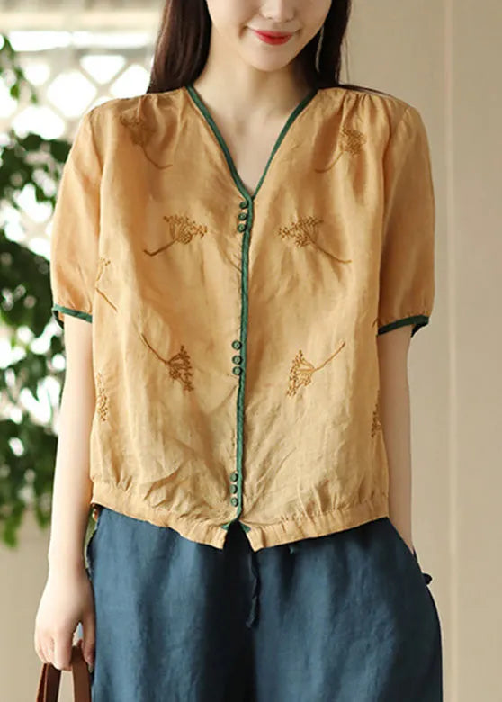 Jacquard Yellow V Neck Button Ramie Shirt Summer