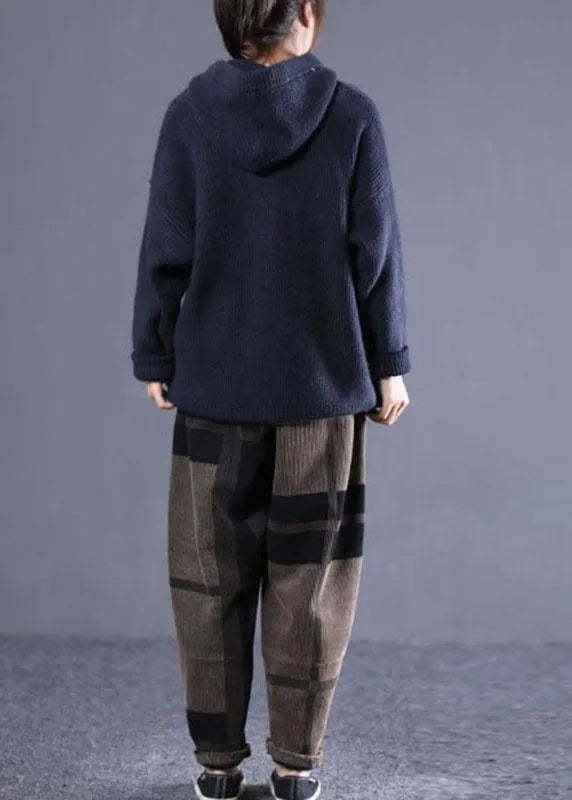 Diy Navy Hooded Loose Fall Knitted Top
