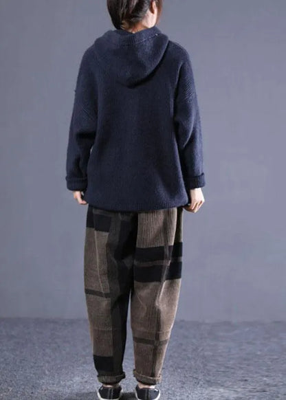 Diy Navy Hooded Loose Fall Knitted Top