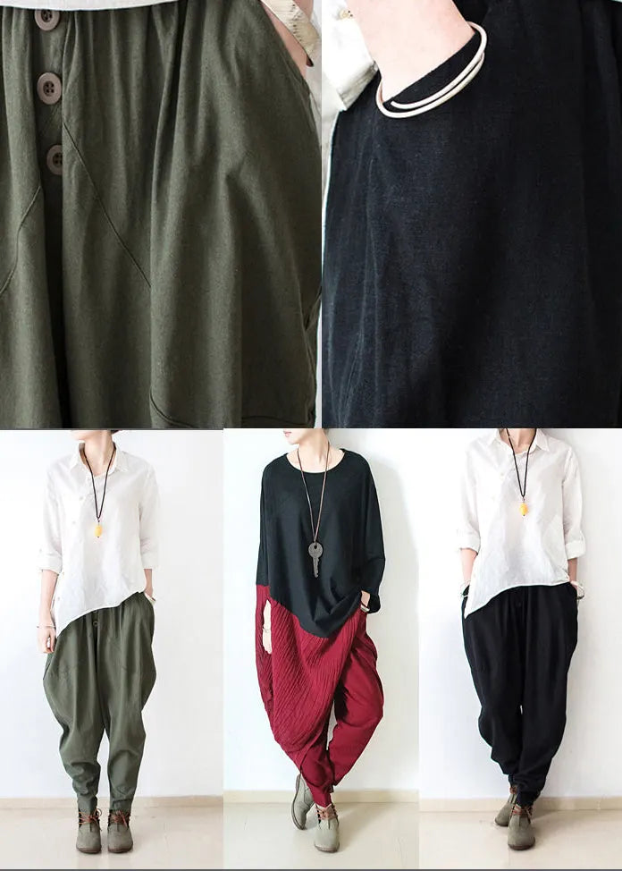 Autumn Tea Green Linen Pants Oversized Cotton Harem Pants Trousers