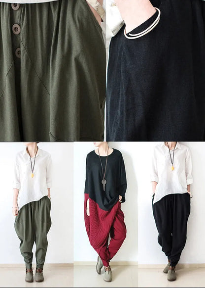 Autumn Tea Green Linen Pants Oversized Cotton Harem Pants Trousers