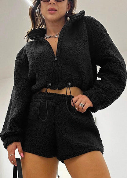 Stylish Pink Tops and Shorts Faux Fur Two Piece Suit Set Fall