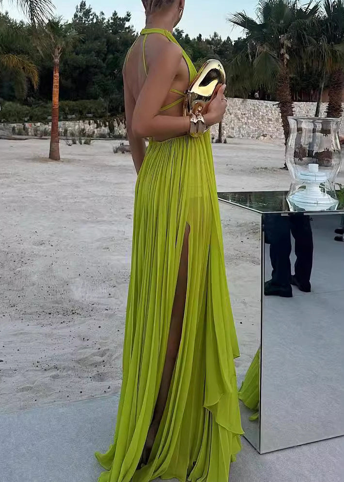 Green Backless Wrinkled Cotton Dress Sleeveless