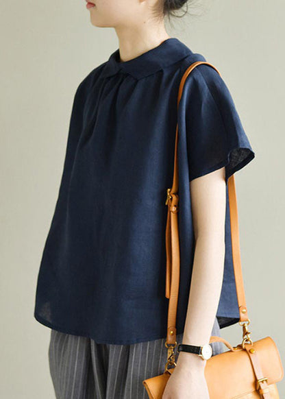 Navy Blue Cozy Linen Shirt Short Sleeve