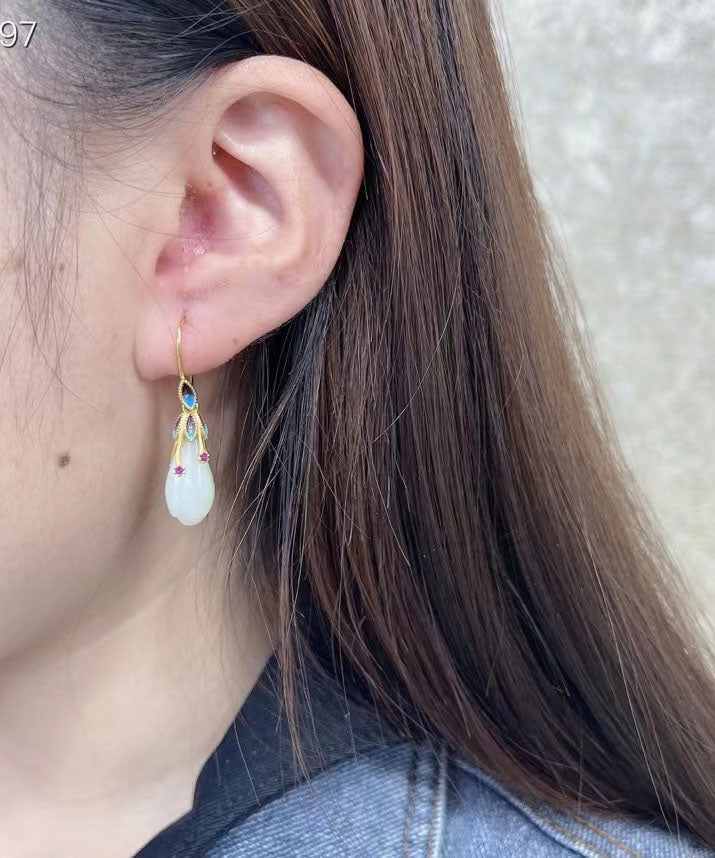 White Sterling Silver Overgild Inlaid Jade Cloisonne Orchid Drop Earrings