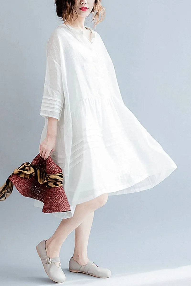 White Big Hem Linen Summer Shirt Dresses Clothing