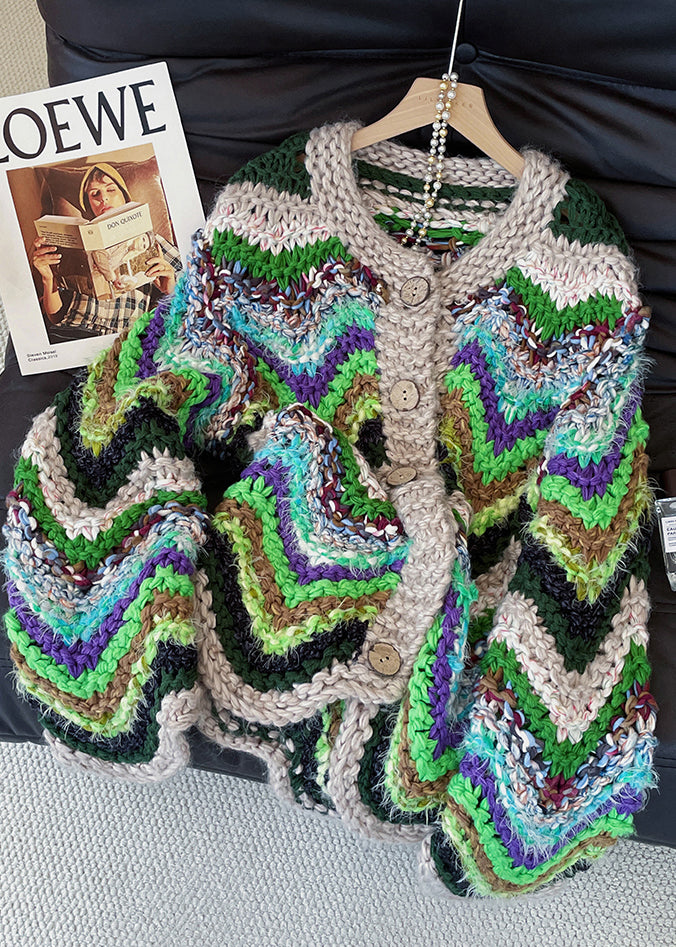 Mixed Color Striped Thick Knit Cardigans Fall