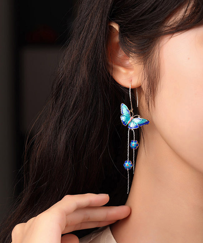 Blue Sterling Silver Cloisonne Butterfly Drop Earrings