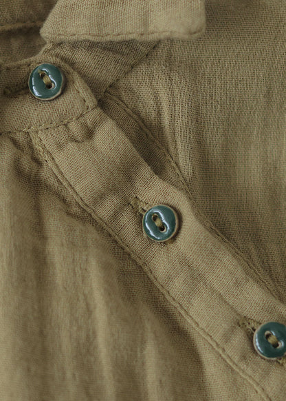 Khaki Button Peter Pan Collar Asymmetrical Design Cotton Tops Long Sleeve