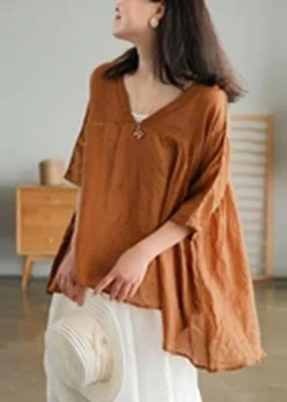 Ramie Lace-up Pure Color Irregular T-shirt