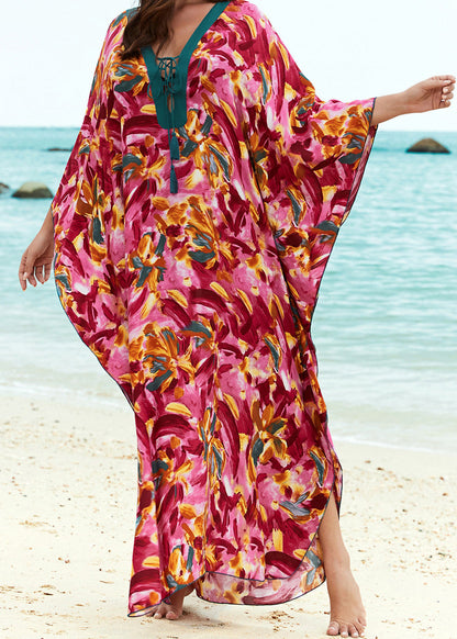 V Neck Print Lace Up Cotton Long Dresses Summer