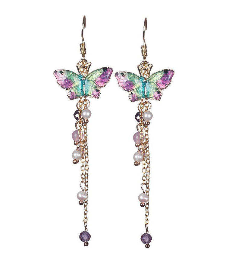Pink Sterling Silver Pearl Chalcedony Butterfly Tassel Drop Earrings