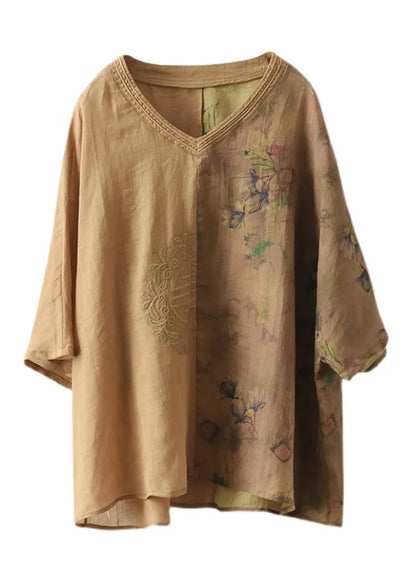 Yellow Print Patchwork Ramie Shirts Short Sleeve