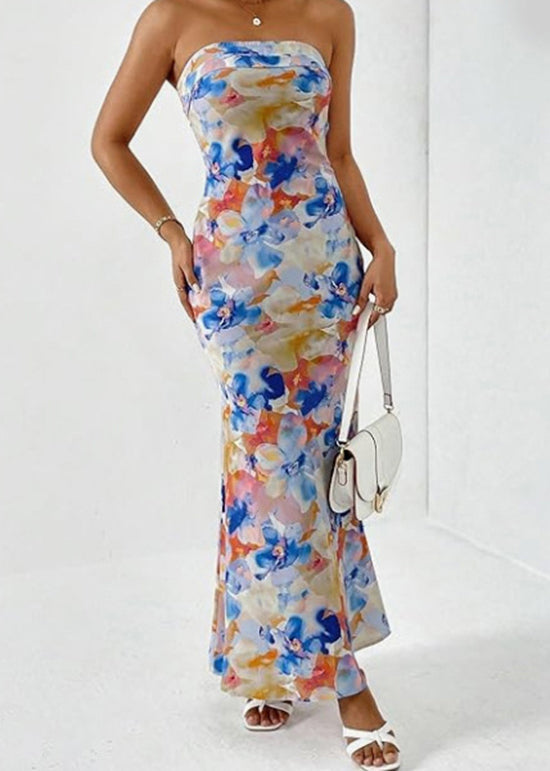 Stylish Blue Print Cotton Strapless Dresses Sleeveless