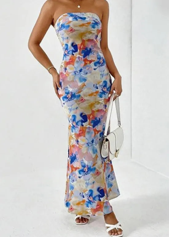 Stylish Blue Print Cotton Strapless Dresses Sleeveless