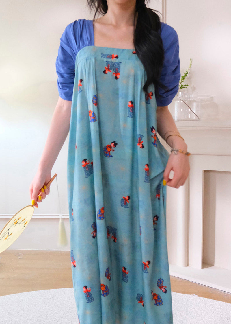Brief Blue Square Collar Print Long Dresses Pajama Short Sleeve